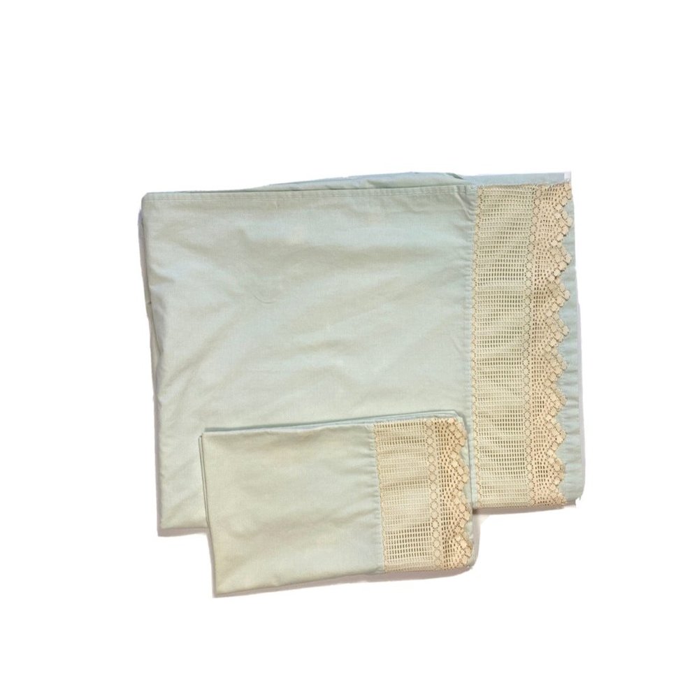 Vintage 80s Louis Nichol Full Size Flat Sheet Pillowcase Set Green Lace Bedding